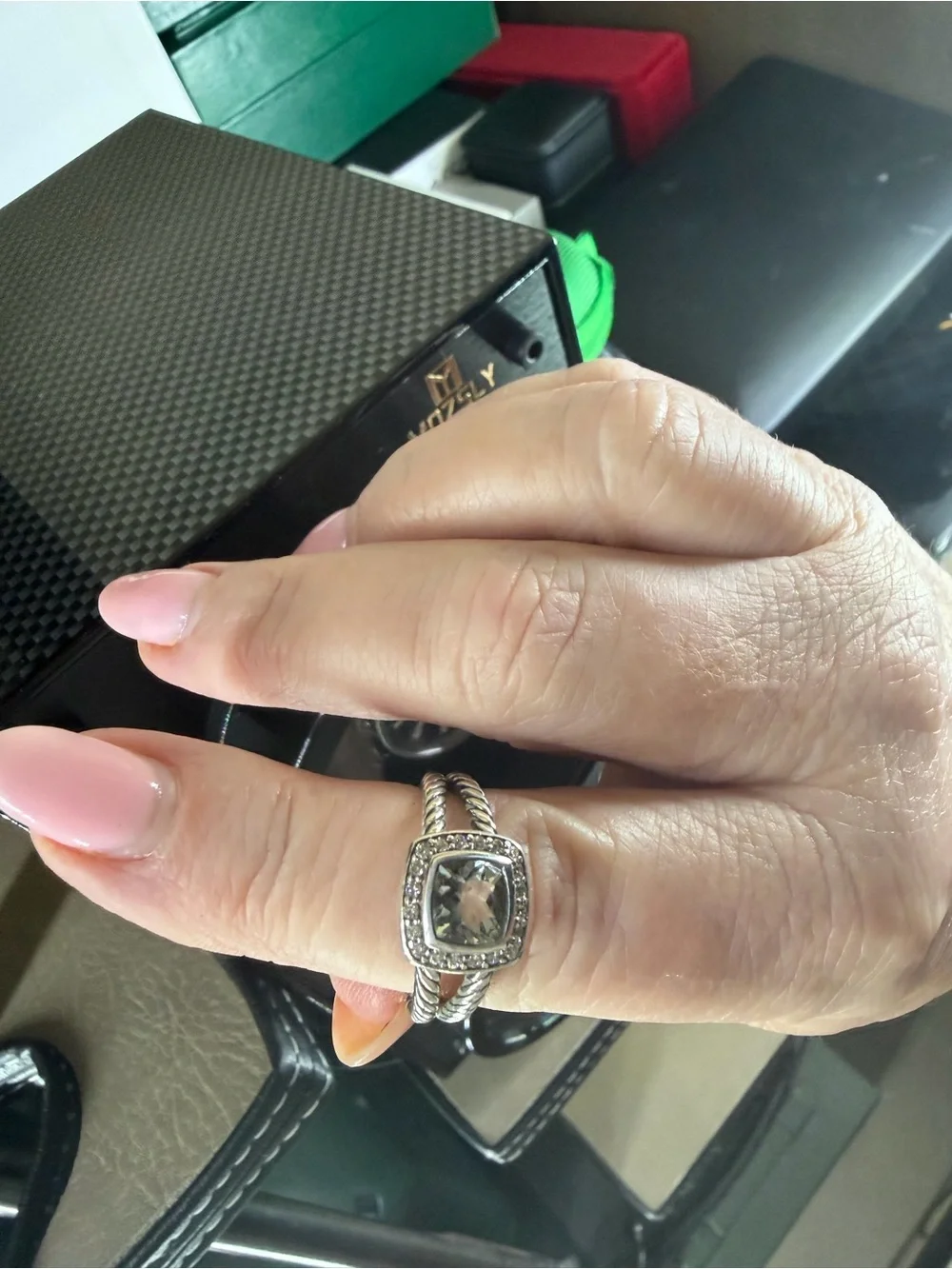 David Yurman Silver Ring with Light Green Cushion-Cut Center and Pavé Halo